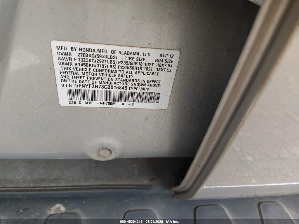 5FNYF3H78CB016845 2012 HONDA PILOT photo no. 9