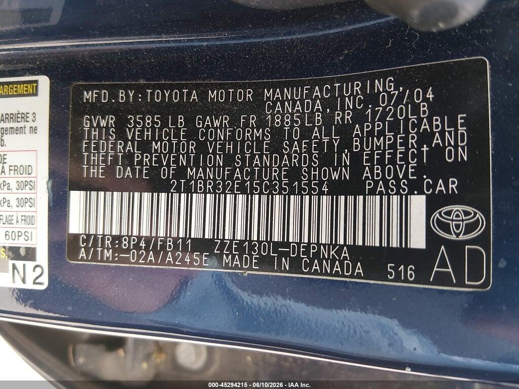 2T1BR32E15C351554 2005 TOYOTA COROLLA photo no. 9