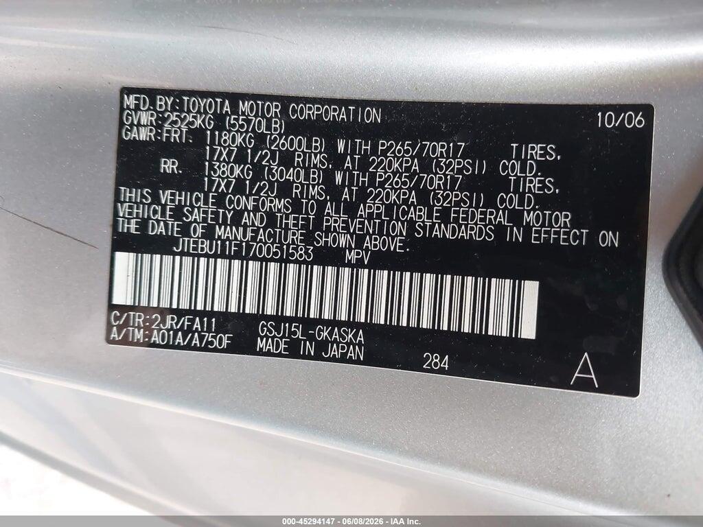 JTEBU11F170051583 2007 TOYOTA FJ CRUISER photo no. 9
