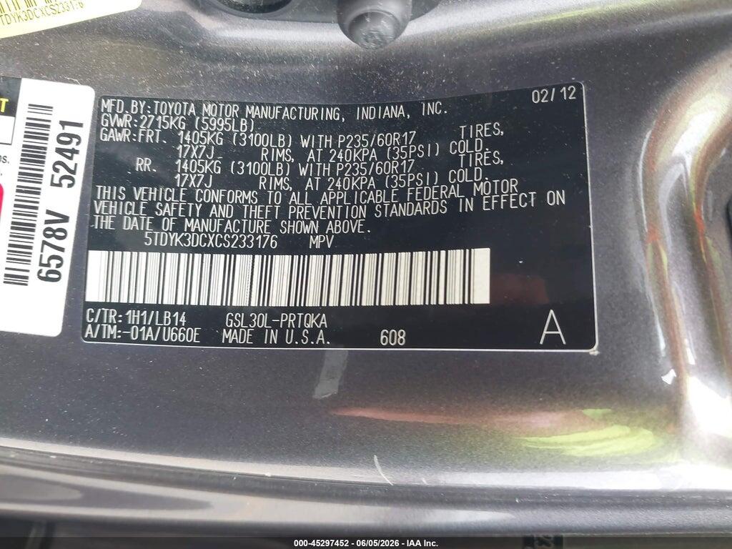 5TDYK3DCXCS233176 2012 TOYOTA SIENNA photo no. 9