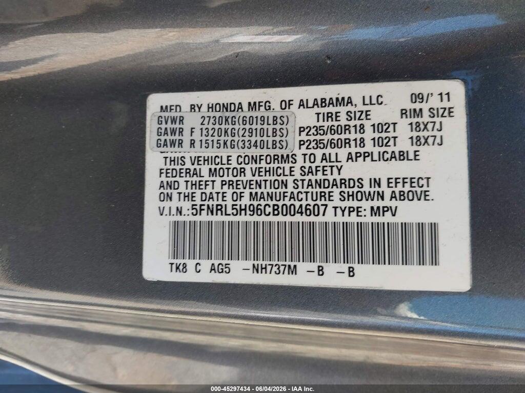 5FNRL5H96CB004607 2012 HONDA ODYSSEY photo no. 9
