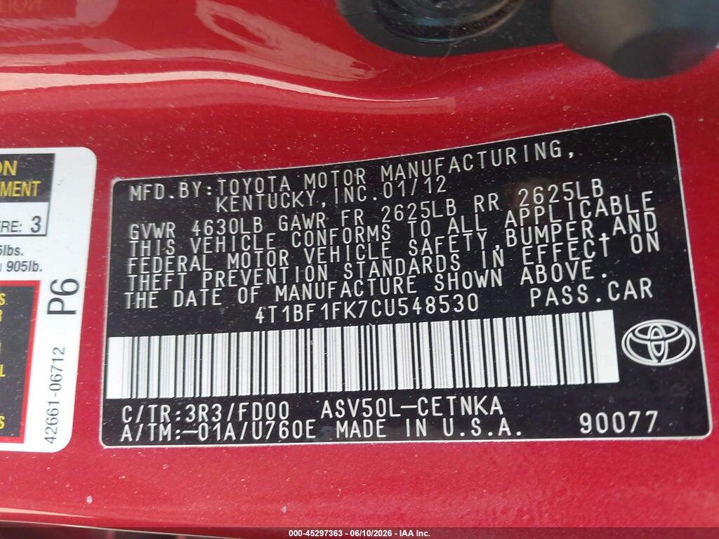 4T1BF1FK7CU548530 2012 TOYOTA CAMRY photo no. 9
