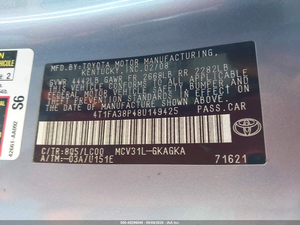4T1FA38P48U149425 2008 TOYOTA CAMRY SOLARA photo no. 9
