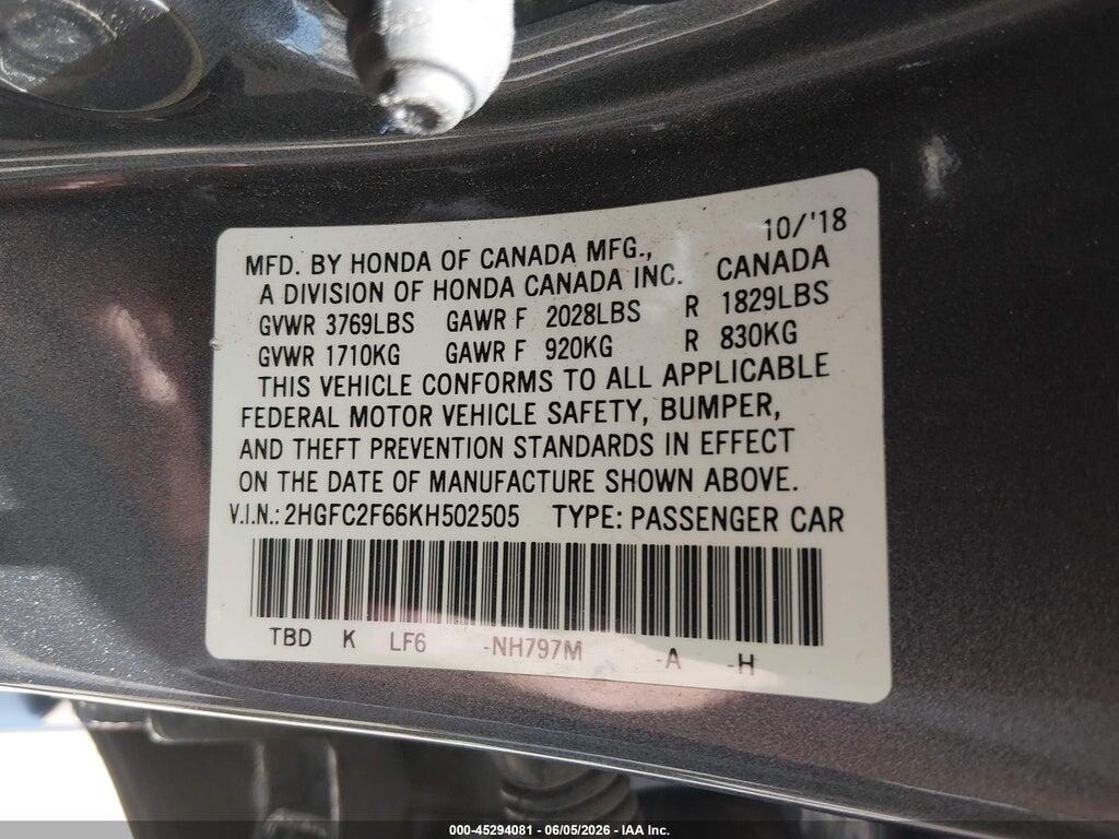 2HGFC2F66KH502505 2019 HONDA CIVIC photo no. 9