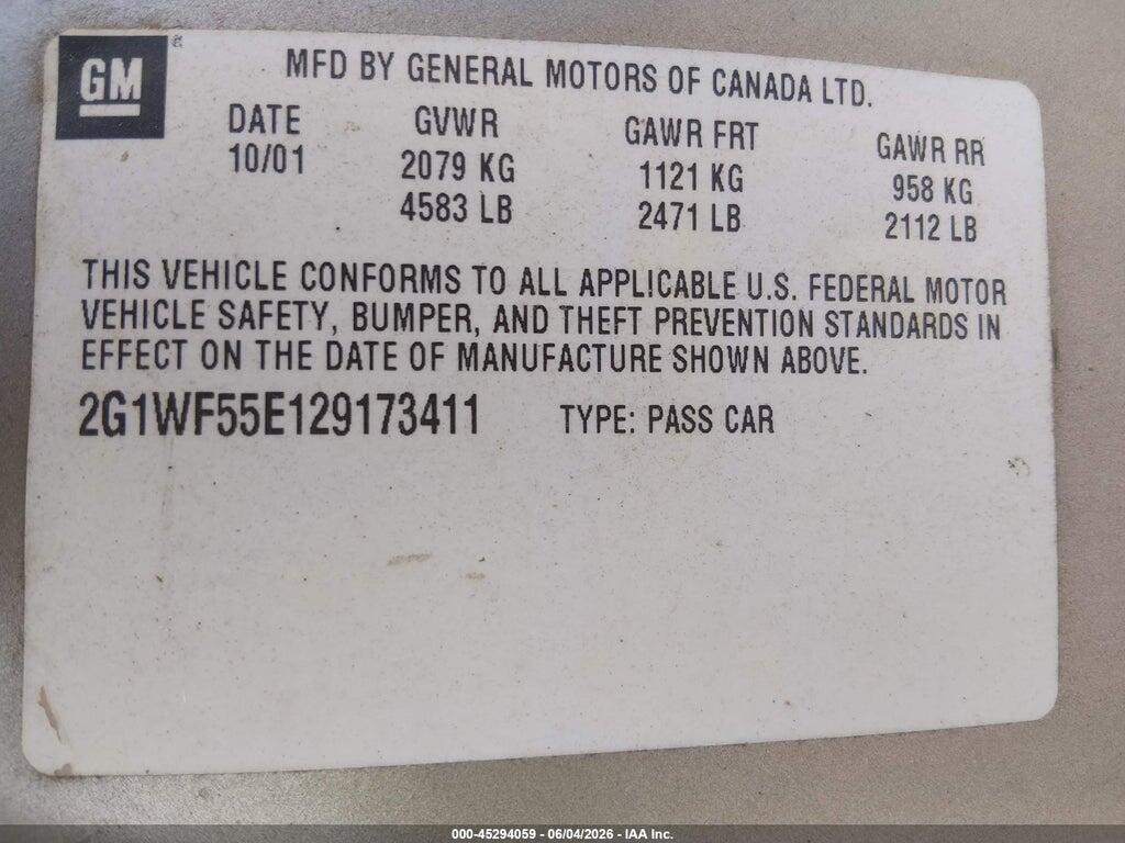 2G1WF55E129173411 2002 CHEVROLET IMPALA photo no. 9