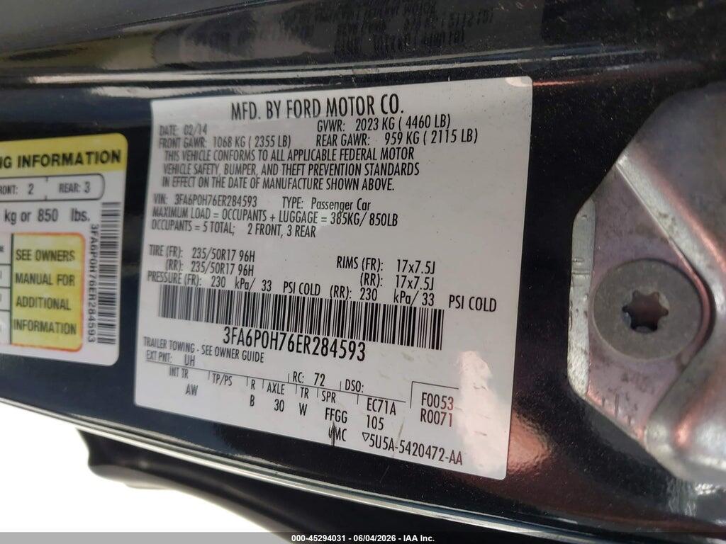 3FA6P0H76ER284593 2014 FORD FUSION photo no. 9