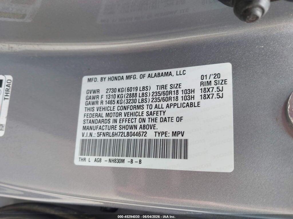 5FNRL6H72LB044672 2020 HONDA ODYSSEY photo no. 9