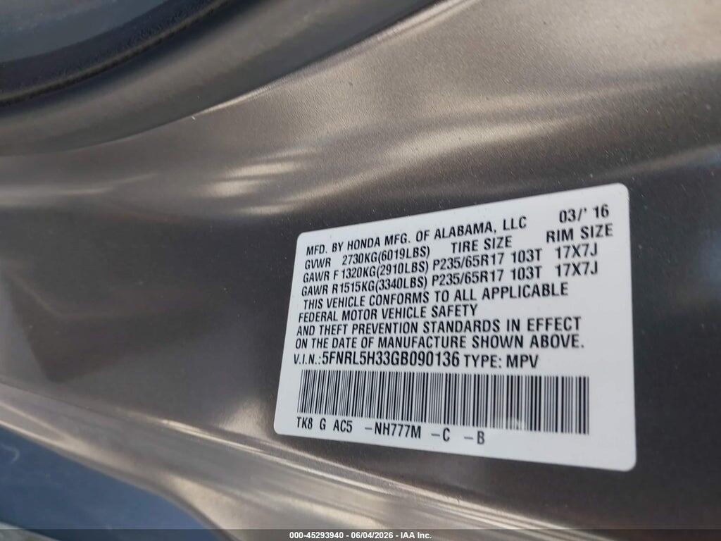 5FNRL5H33GB090136 2016 HONDA ODYSSEY photo no. 9