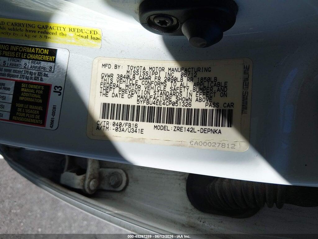 5YFBU4EE4CP051326 2012 TOYOTA COROLLA photo no. 9