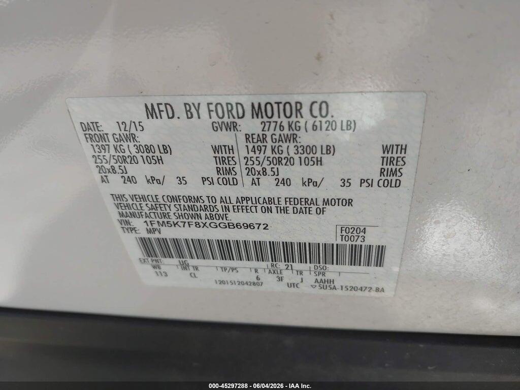 1FM5K7F8XGGB69672 2016 FORD EXPLORER photo no. 9