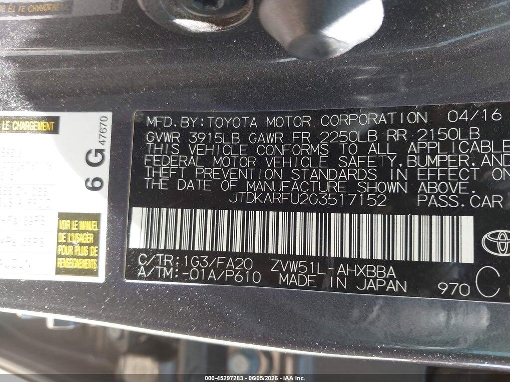 JTDKARFU2G3517152 2016 TOYOTA PRIUS photo no. 9