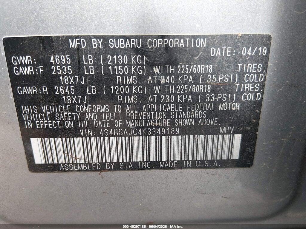4S4BSAJC4K3349189 2019 SUBARU OUTBACK photo no. 9