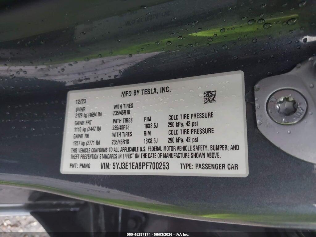 5YJ3E1EA8PF700253 2023 TESLA MODEL 3 photo no. 9