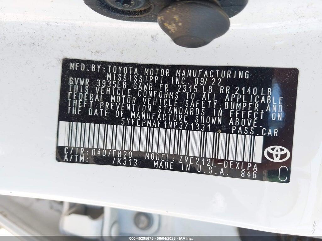 5YFEPMAE1NP371331 2022 TOYOTA COROLLA photo no. 9