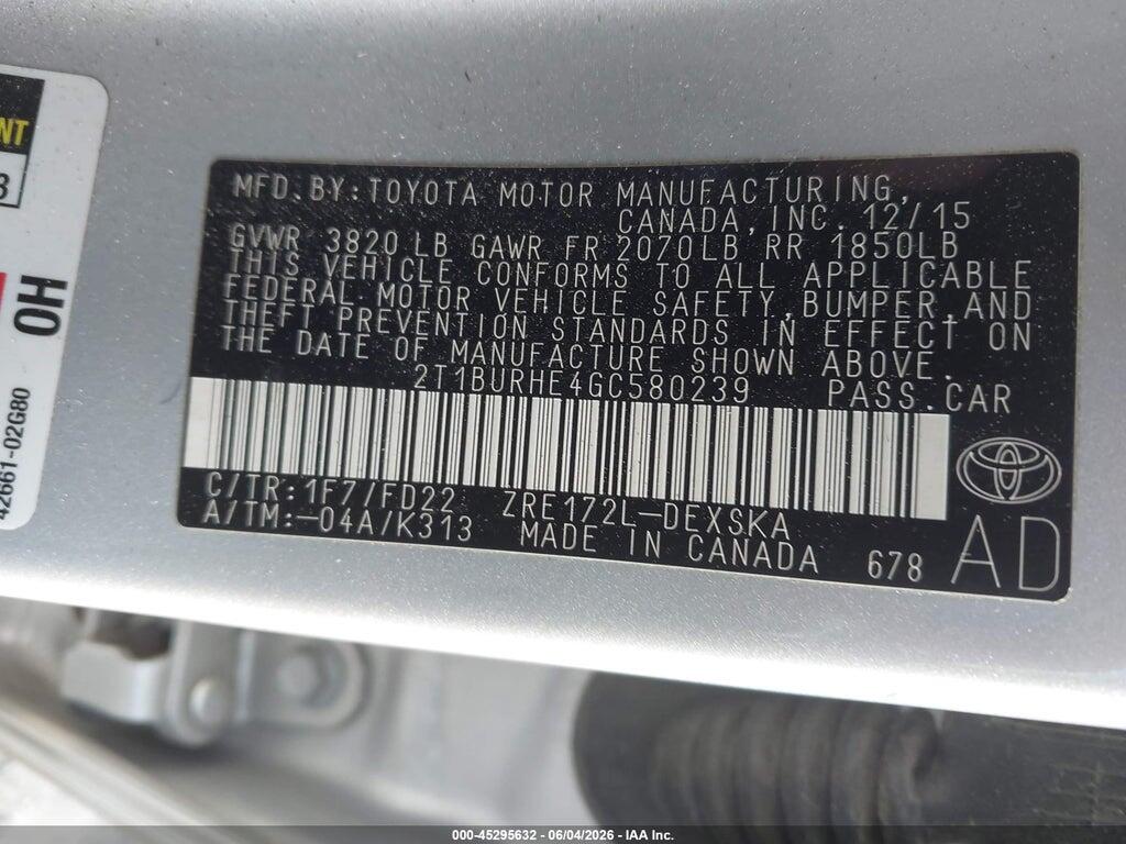 2T1BURHE4GC580239 2016 TOYOTA COROLLA photo no. 9