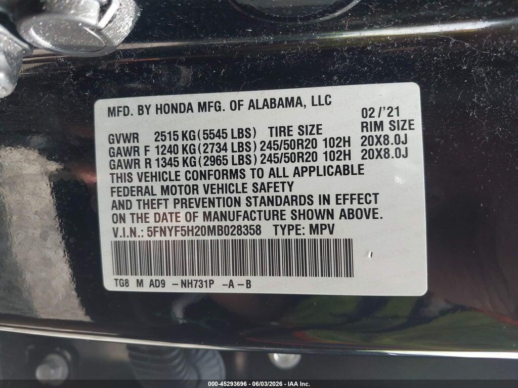 5FNYF5H20MB028358 2021 HONDA PILOT photo no. 9