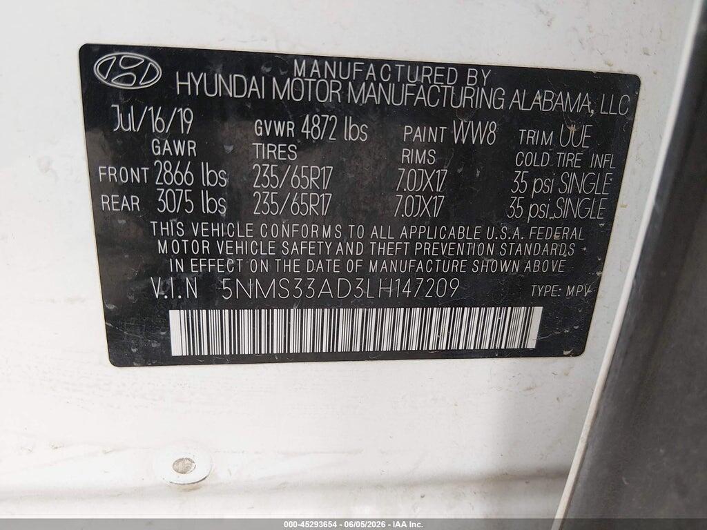 5NMS33AD3LH147209 2020 HYUNDAI SANTA FE photo no. 9