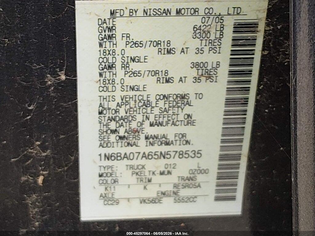 1N6BA07A65N578535 2005 NISSAN TITAN photo no. 9
