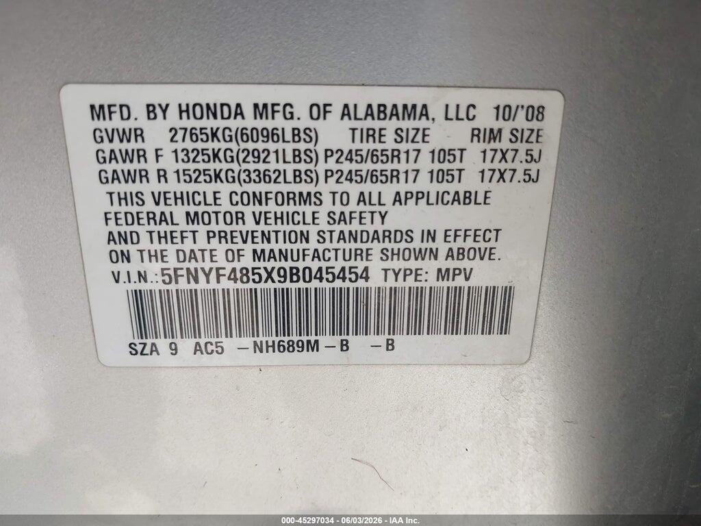 5FNYF485X9B045454 2009 HONDA PILOT photo no. 9