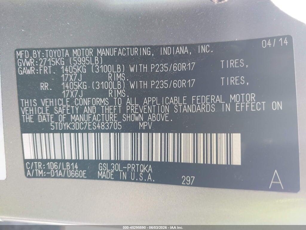 5TDYK3DC7ES483705 2014 TOYOTA SIENNA photo no. 9