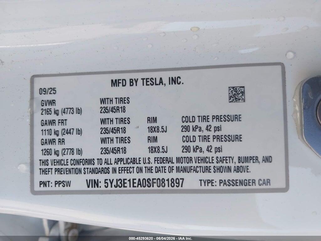 5YJ3E1EA0SF081897 2025 TESLA MODEL 3 photo no. 9
