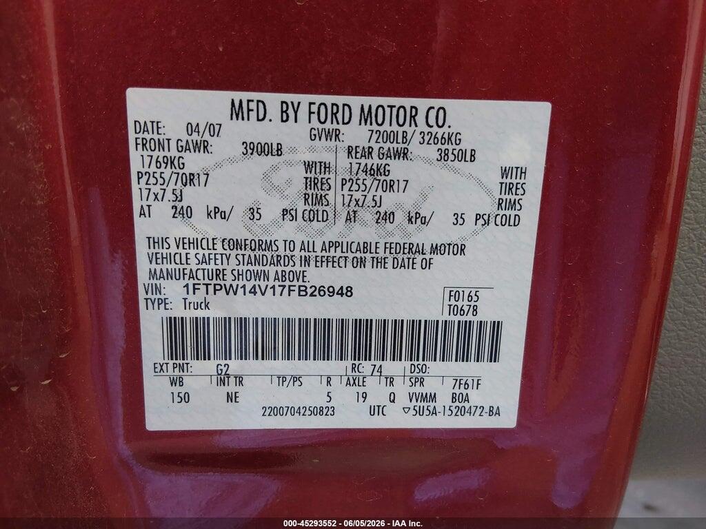 1FTPW14V17FB26948 2007 FORD F-150 photo no. 9