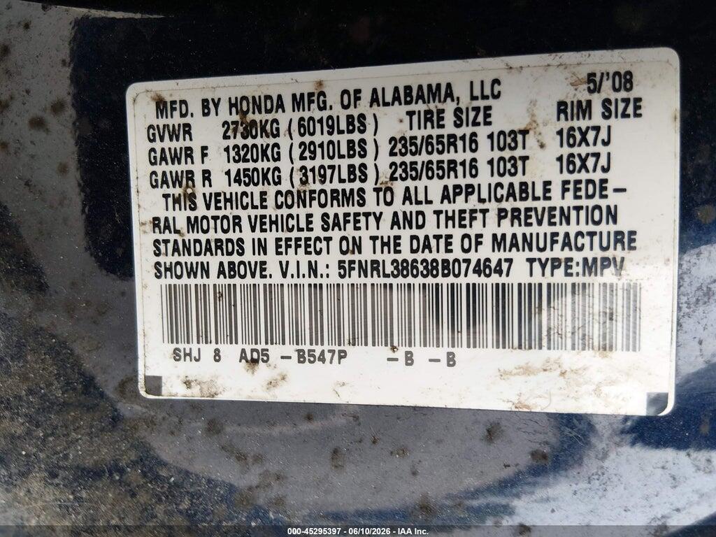 5FNRL38638B074647 2008 HONDA ODYSSEY photo no. 9