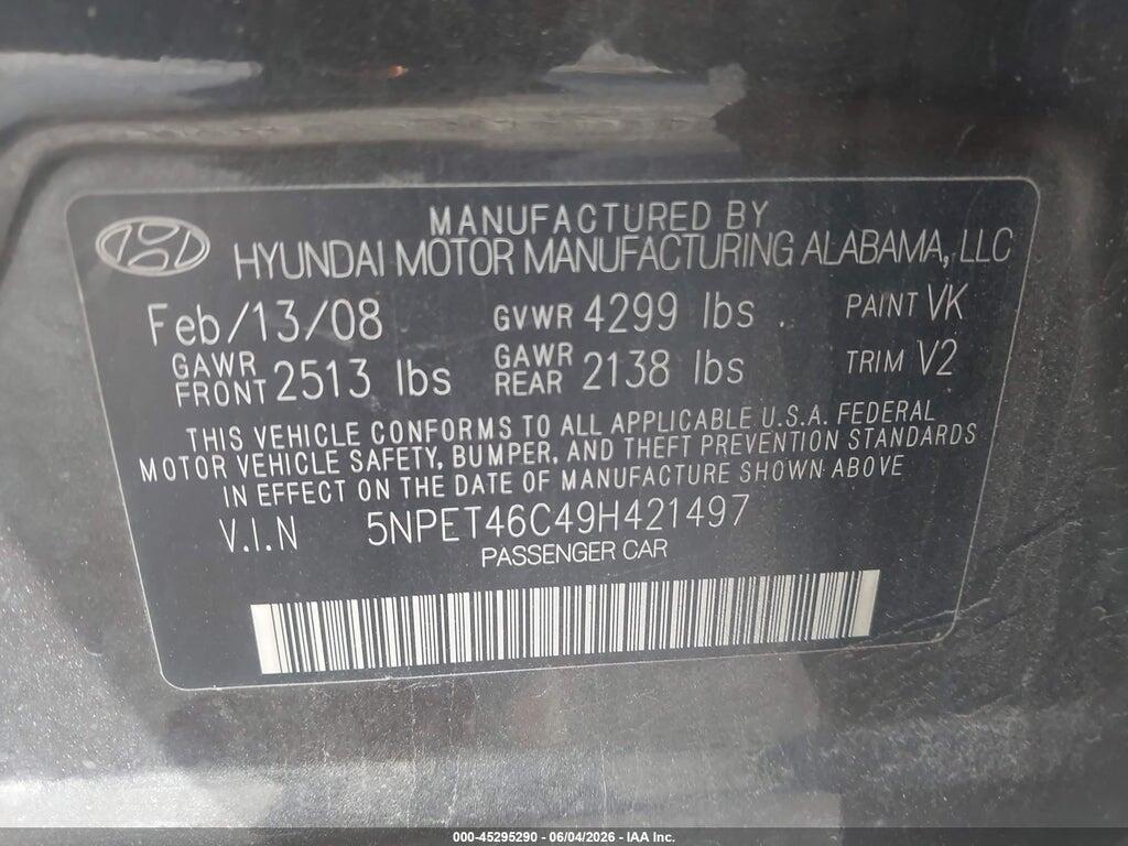 5NPET46C49H421497 2009 HYUNDAI SONATA photo no. 9