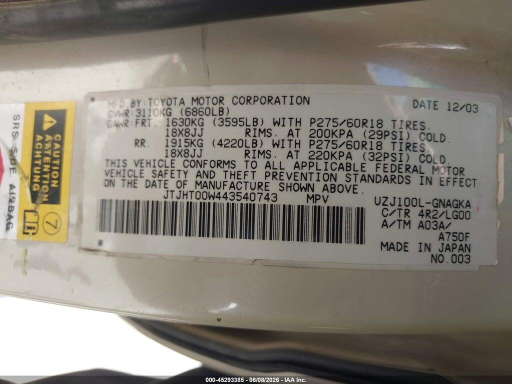 JTJHT00W443540743 2004 LEXUS LX 470 photo no. 9