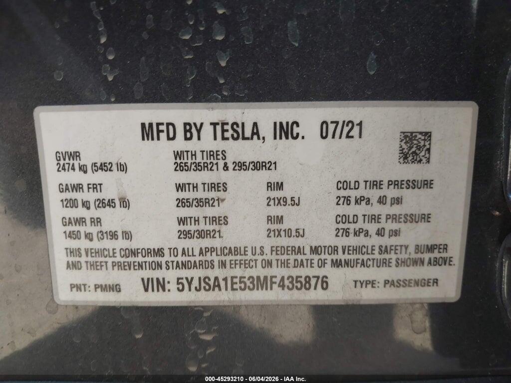 5YJSA1E53MF435876 2021 TESLA MODEL S photo no. 9