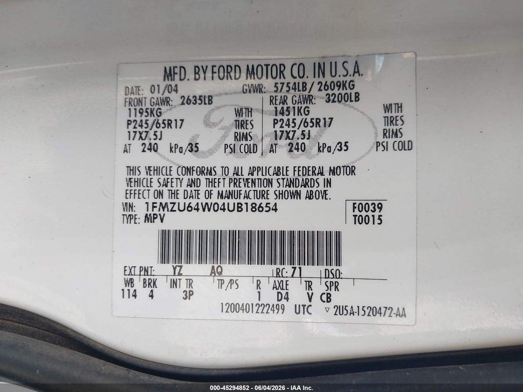 1FMZU64W04UB18654 2004 FORD EXPLORER photo no. 9