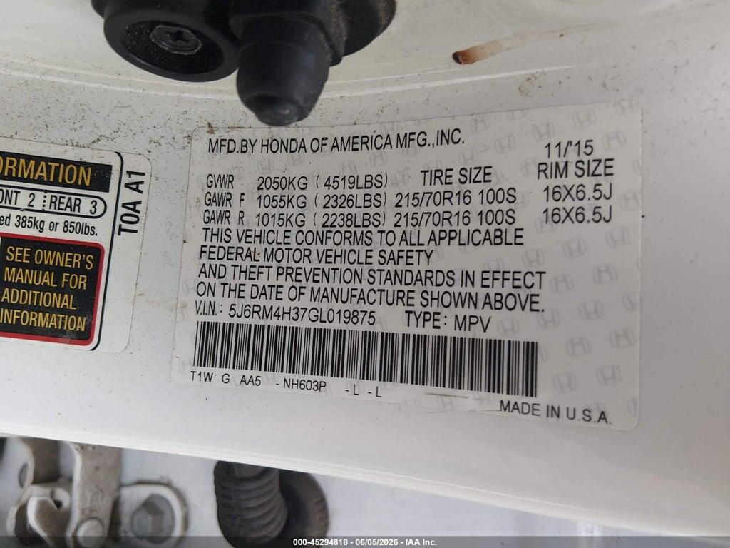 5J6RM4H37GL019875 2016 HONDA CR-V photo no. 9