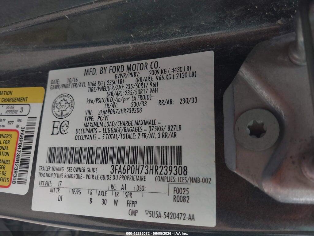 3FA6P0H73HR239308 2017 FORD FUSION photo no. 9