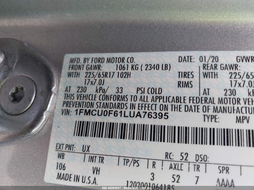 1FMCU0F61LUA76395 2020 FORD ESCAPE photo no. 9