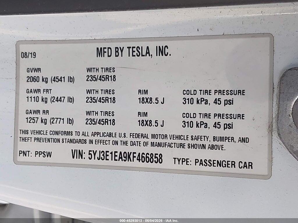 5YJ3E1EA9KF466858 2019 TESLA MODEL 3 photo no. 9