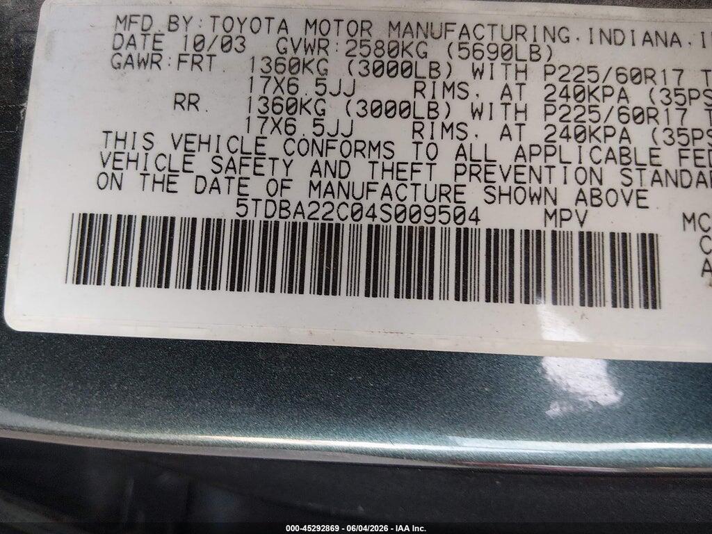 5TDBA22C04S009504 2004 TOYOTA SIENNA photo no. 9