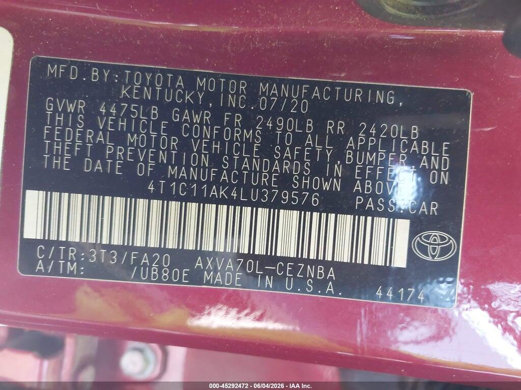 4T1C11AK4LU379576 2020 TOYOTA CAMRY photo no. 9