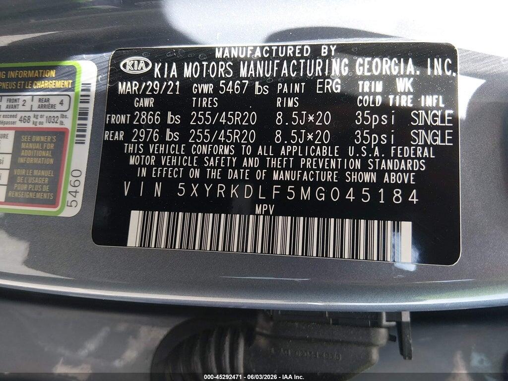 5XYRKDLF5MG045184 2021 KIA SORENTO photo no. 9
