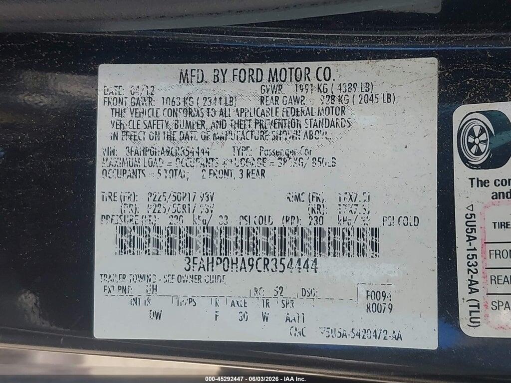 3FAHP0HA9CR354444 2012 FORD FUSION photo no. 9
