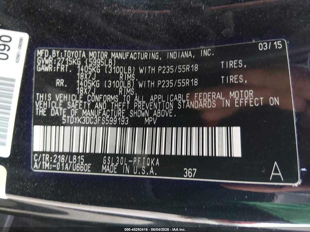 5TDYK3DC3FS599193 2015 TOYOTA SIENNA photo no. 9