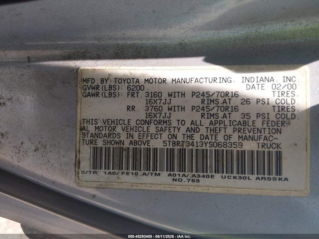 5TBRT3413YS068359 2000 TOYOTA TUNDRA photo no. 9