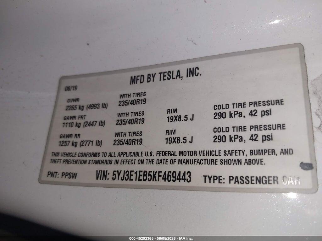 5YJ3E1EB5KF469443 2019 TESLA MODEL 3 photo no. 9