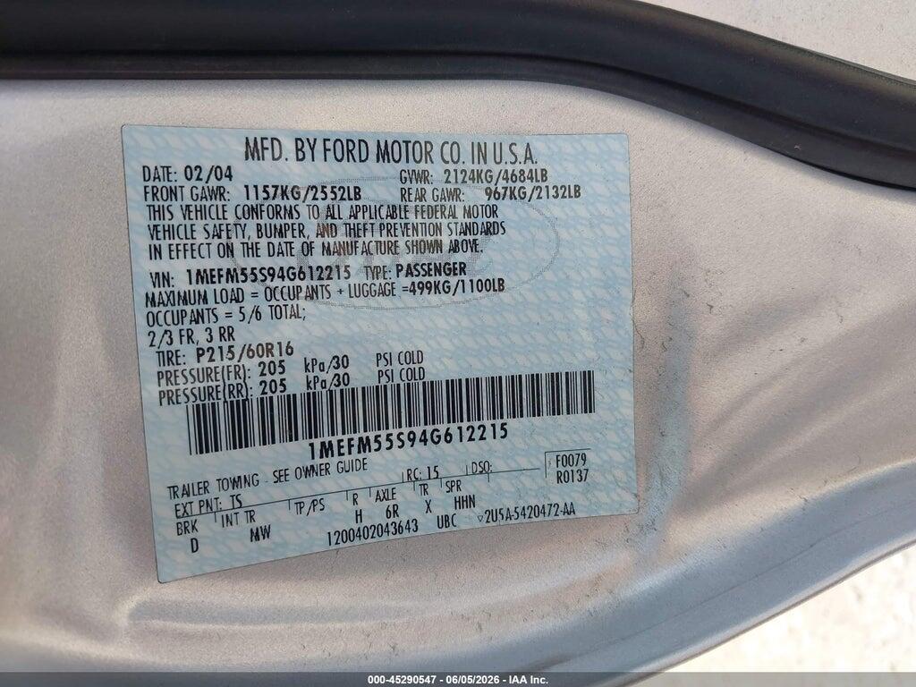 1MEFM55S94G612215 2004 MERCURY SABLE photo no. 9