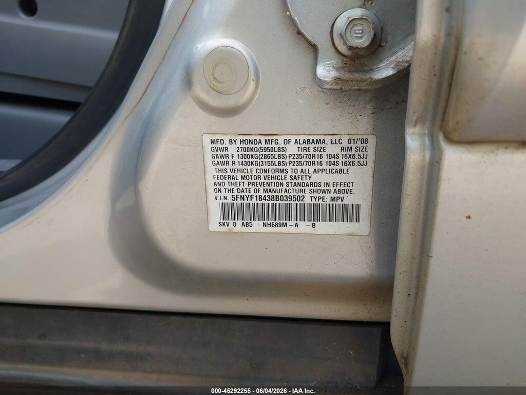 5FNYF18438B039502 2008 HONDA PILOT photo no. 9