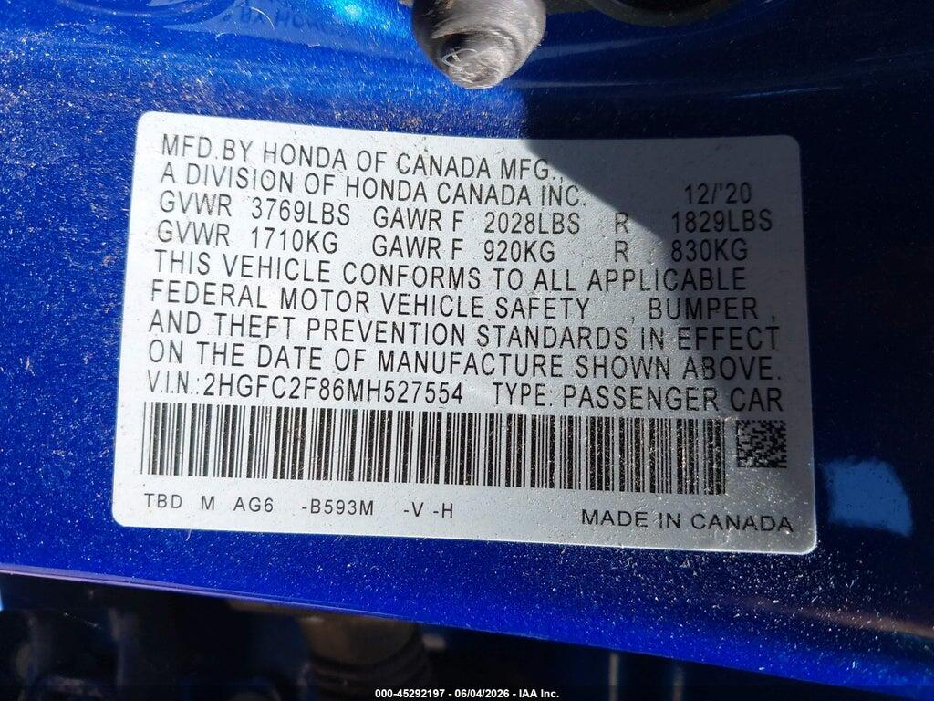 2HGFC2F86MH527554 2021 HONDA CIVIC photo no. 9