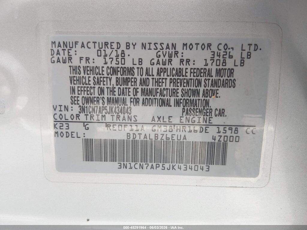 3N1CN7AP5JK434043 2018 NISSAN VERSA photo no. 9