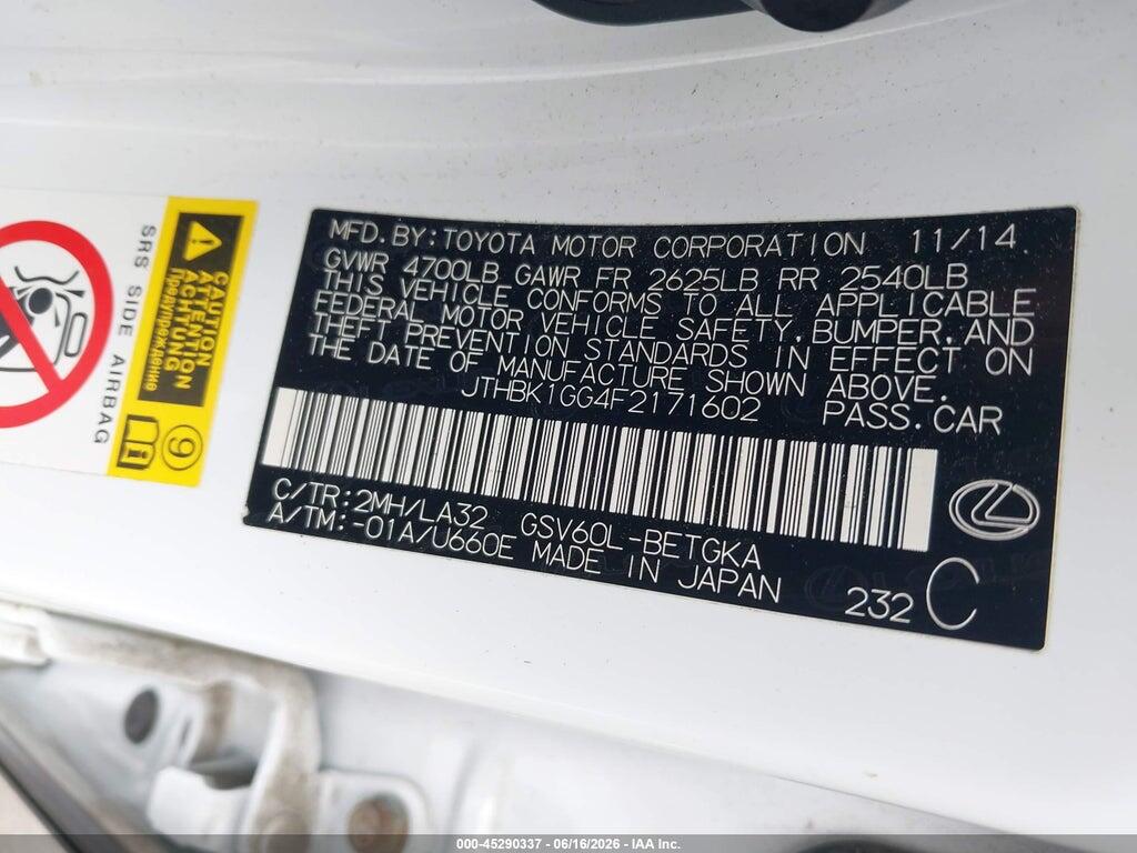 JTHBK1GG4F2171602 2015 LEXUS ES 350 photo no. 9