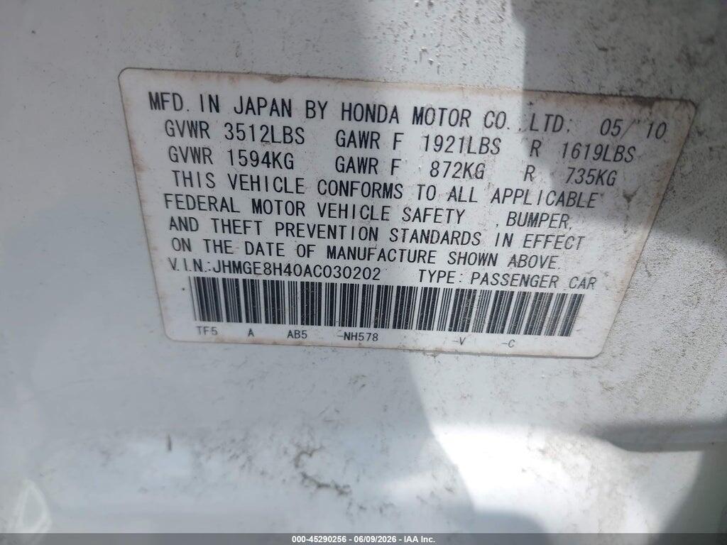 JHMGE8H40AC030202 2010 HONDA FIT photo no. 9
