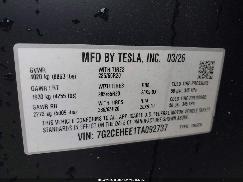 7G2CEHEE1TA092737 2026 TESLA CYBERTRUCK photo no. 9