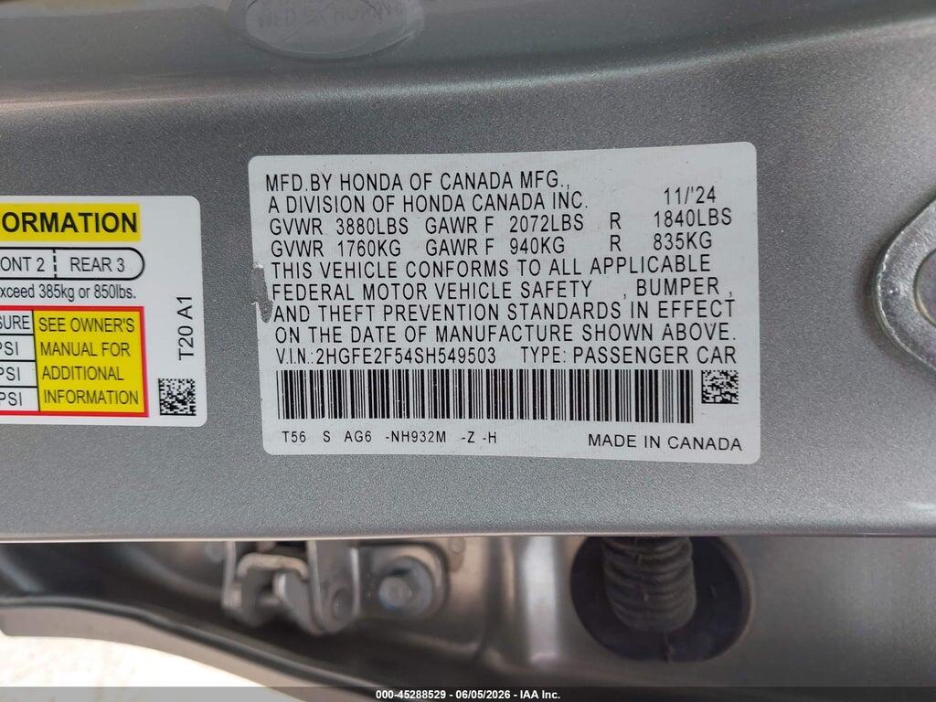 2HGFE2F54SH549503 2025 HONDA CIVIC photo no. 9